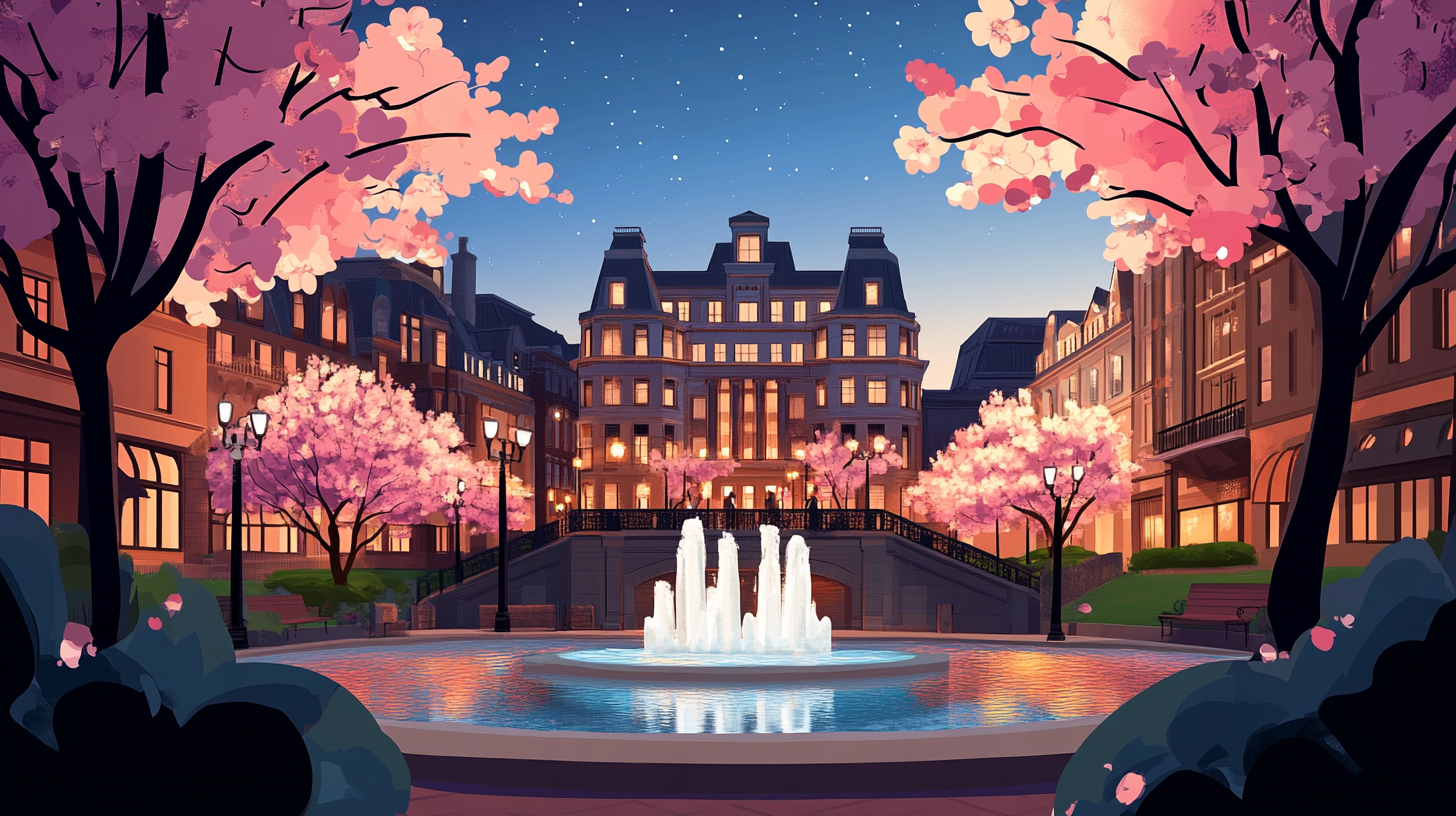 Illustration of a riverfront tower in front of the Wilmington, Delaware, skyline at night, representing a key US market for homeowners to sell their house and access home equity