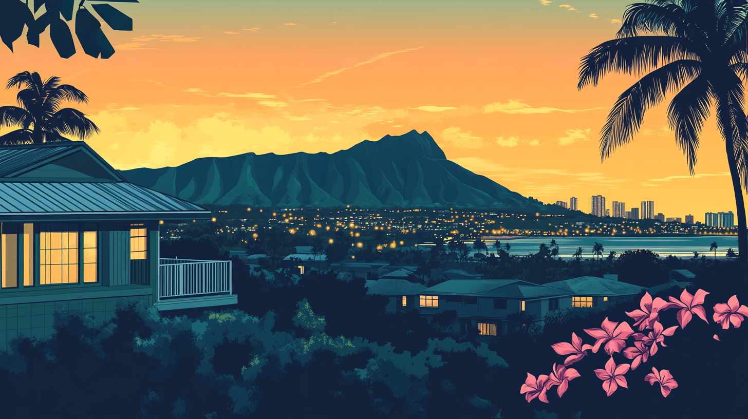 Illustration of Diamond Head and the Honolulu, Hawaii, coastline at sunset, representing a unique, high-value US market for homeowners to sell their house and access home equity