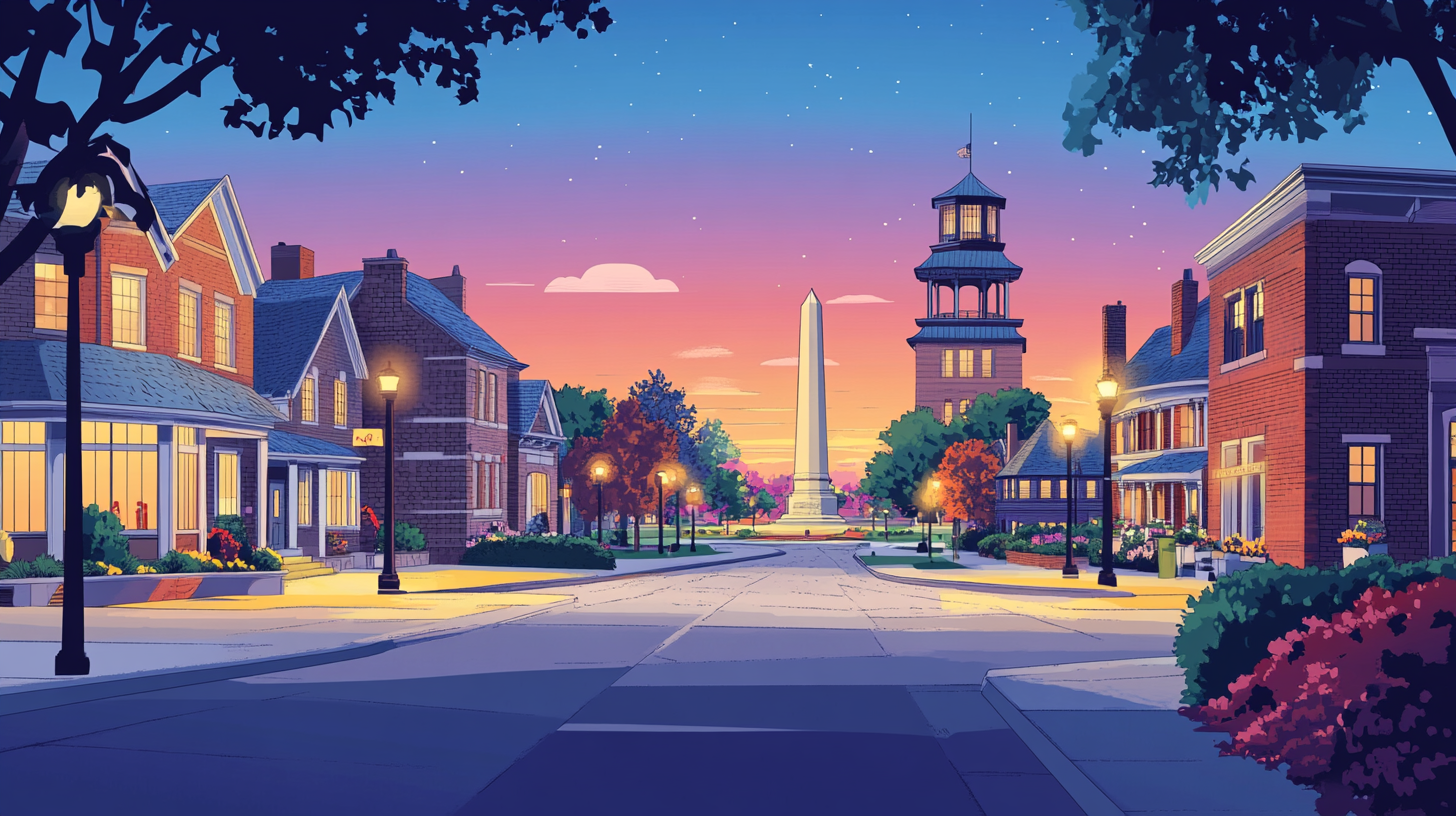 Illustration of an obelisk monument on a tree-lined Indianapolis, Indiana, street at dusk, representing a key US market for homeowners to sell their house and access home equity