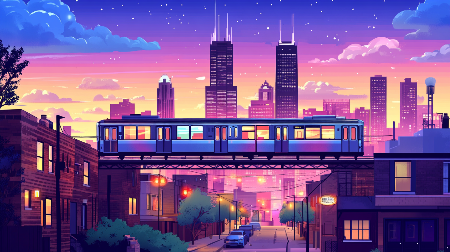 Illustration of an elevated train passing the Chicago, Illinois, skyline at dusk, representing a key, high-volume US market for homeowners to sell their house and access home equity