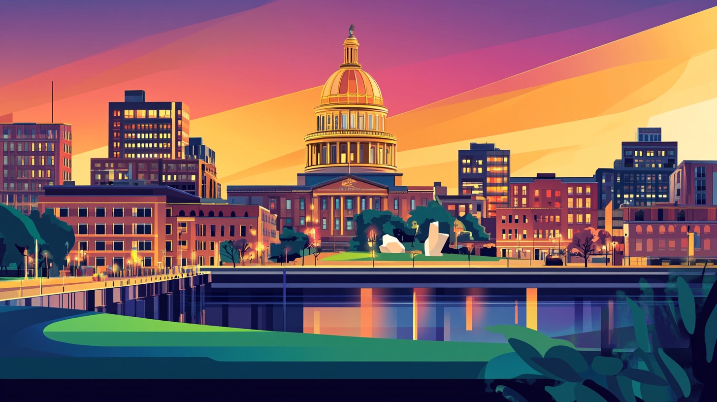 Illustration of the gold-domed Iowa State Capitol in Des Moines at dusk, representing a key US market for homeowners to sell their house and access home equity