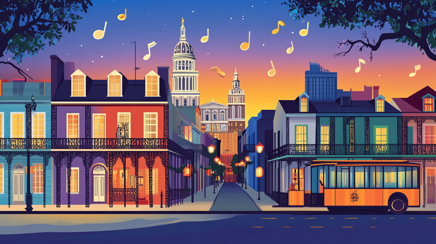 Illustration of a streetcar on a French Quarter street in New Orleans, Louisiana, at dusk, representing a key US market for homeowners to sell their house and access home equity