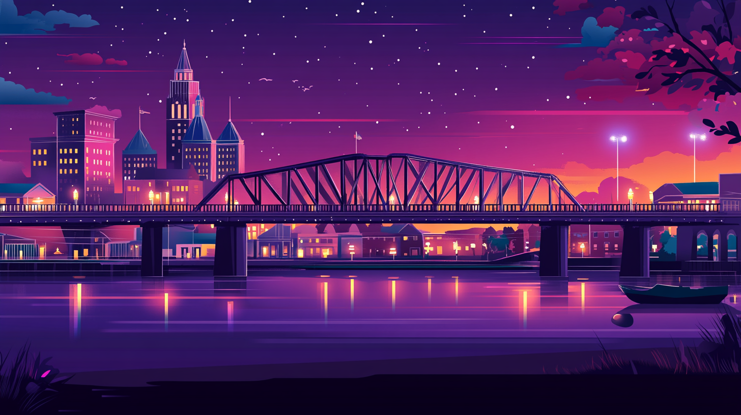 Illustration of a bridge over the river leading into downtown Louisville, Kentucky, at night, representing a key US market for homeowners to sell their house and access home equity
