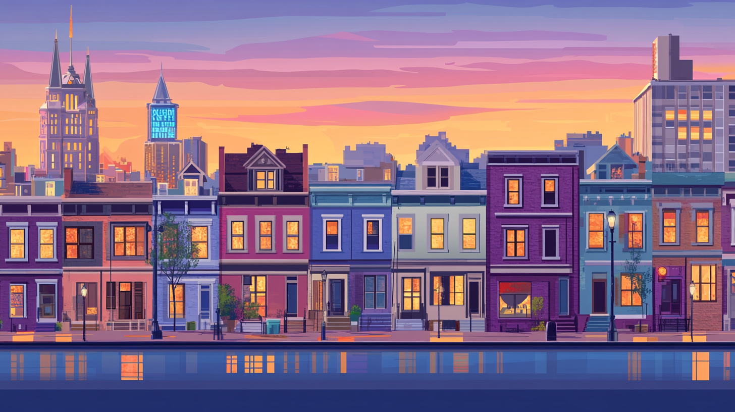 Illustration of colorful rowhomes along the waterfront in the Baltimore, Maryland, metro area at dusk, representing a key US market for homeowners to sell their house and access home equity