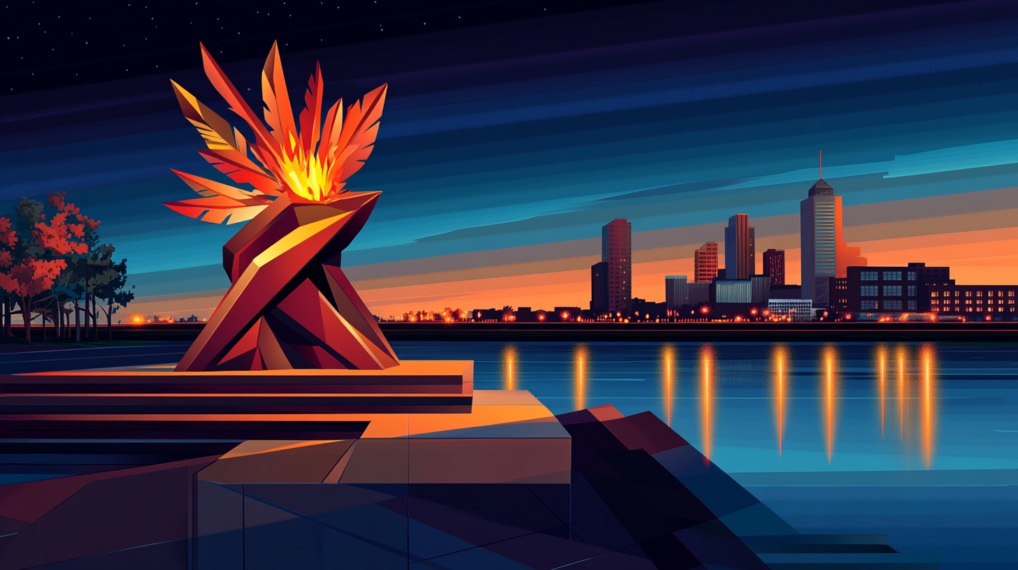 Illustration of a flame sculpture at a river confluence in Wichita, Kansas, at night, representing a key US market for homeowners to sell their house and access home equity