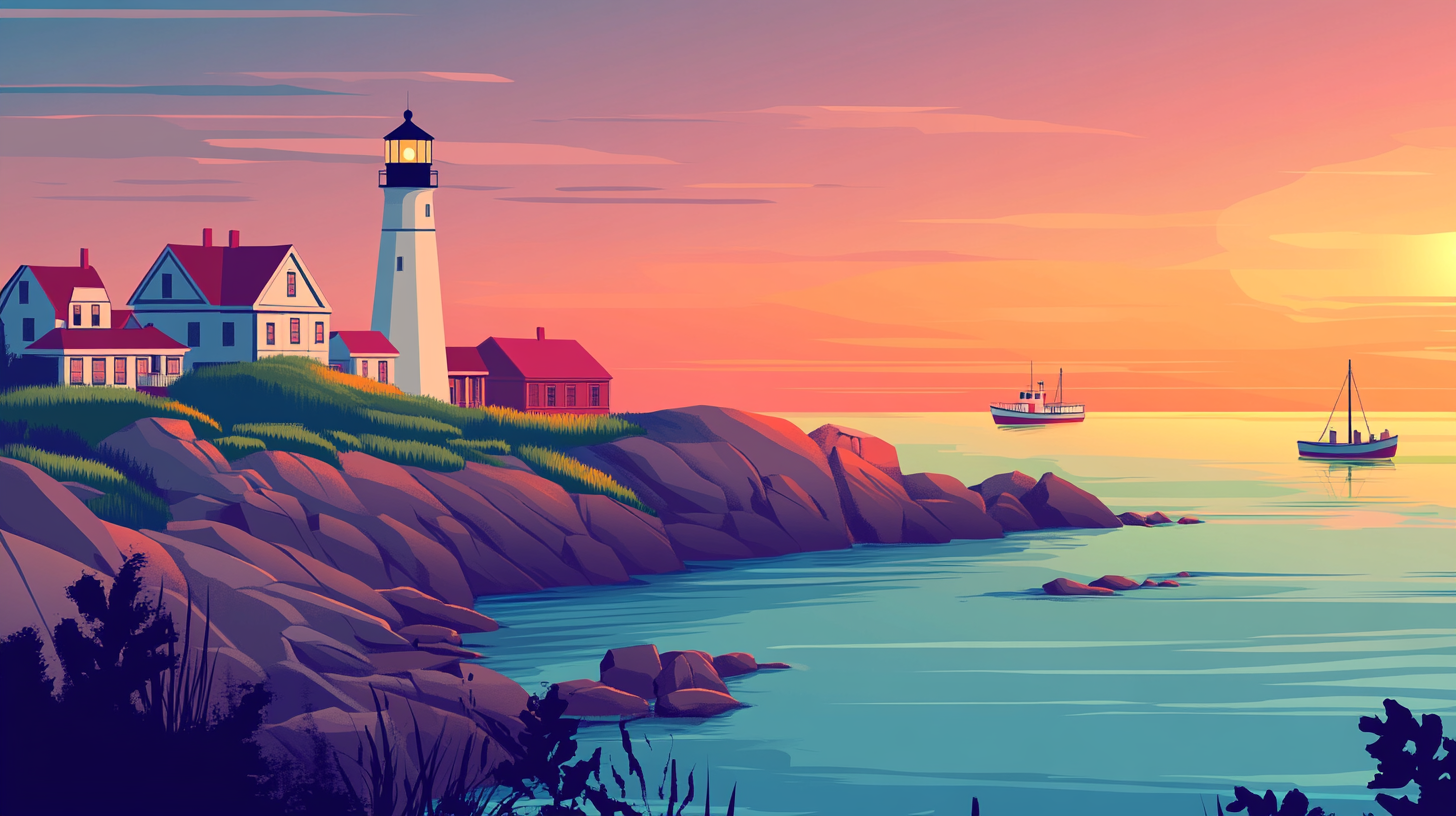Illustration of a lighthouse on the rocky coast near Portland, Maine, at sunset, representing a key US market for homeowners to sell their house and access home equity