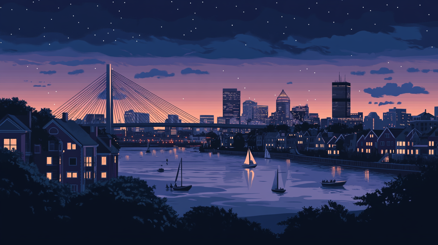 Illustration of a cable-stayed bridge and sailboats on the river with the Boston, Massachusetts, skyline at night, representing a key, high-value US market for homeowners to sell their house and access home equity
