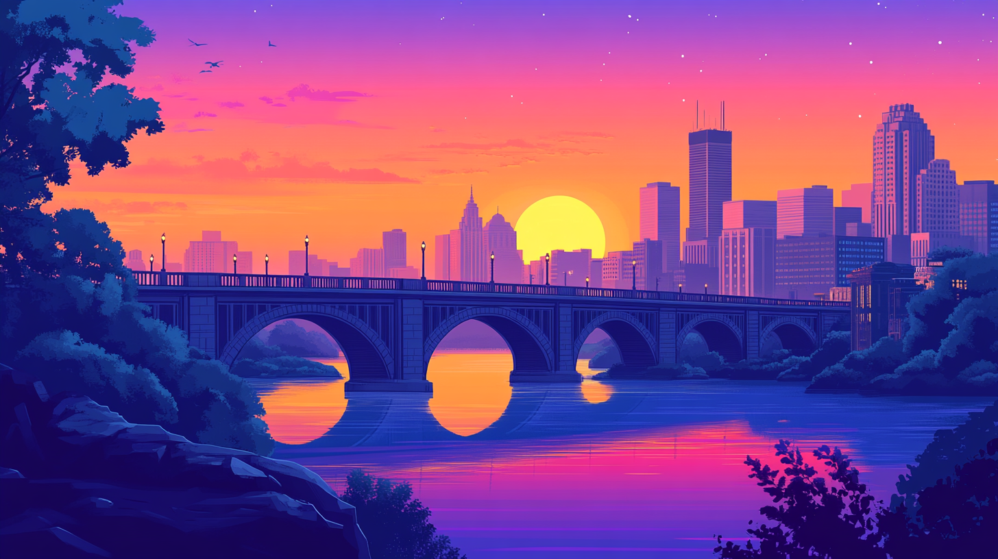 Illustration of a stone arch bridge over the river with the Minneapolis, Minnesota, skyline at sunset, representing a key US market for homeowners to sell their house and access home equity
