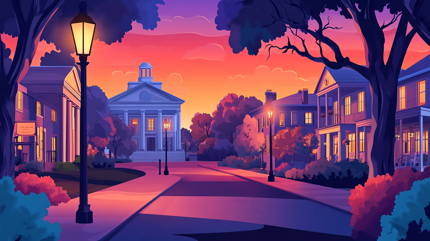 Illustration of a tree-lined street leading to a government building in Jackson, Mississippi, at dusk, representing a key US market for homeowners to sell their house and access home equity
