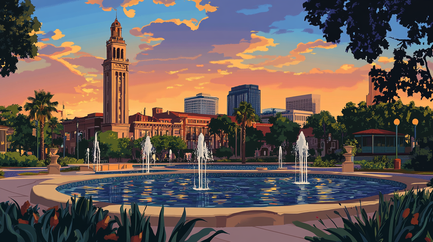Illustration of a fountain and clock tower in a Kansas City, Missouri, park at sunset, representing a key US market for homeowners to sell their house and access home equity