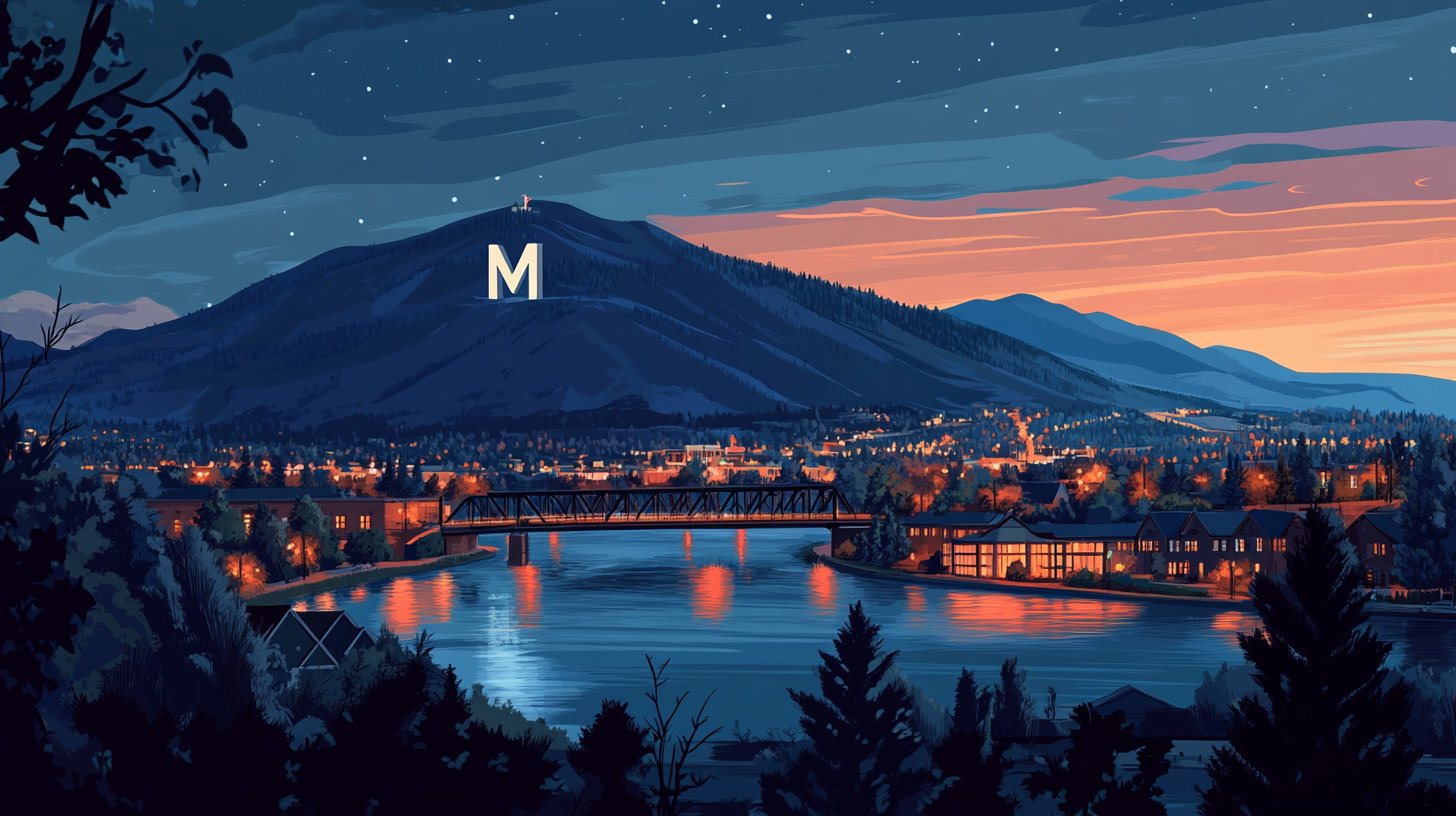 Illustration of a Montana river town at dusk with a bridge and a mountainside landmark, representing a key US market for homeowners to sell their house and access home equity