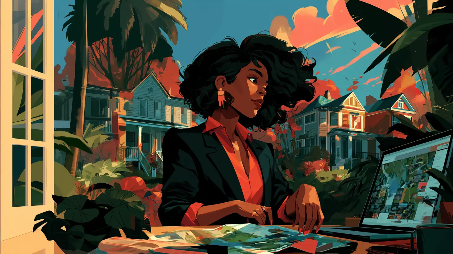 An illustration of a female real estate investor working on a laptop at a desk with suburban homes in the background, analyzing how institutional investors selling homes under the ROAD to Housing Act impacts deal acquisition in 2026.