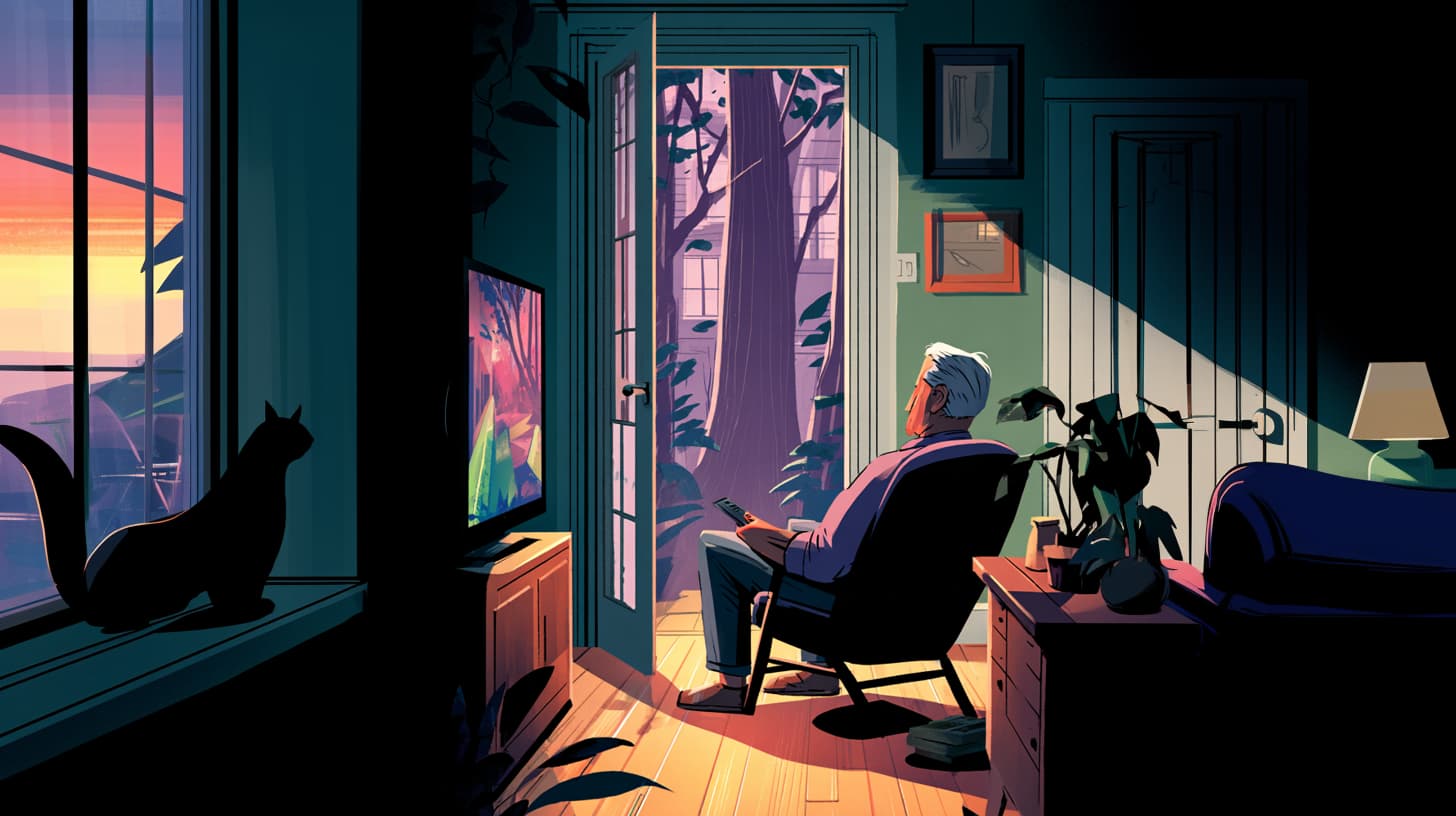 An illustration of a relaxed older man sitting in an armchair at home watching television, demonstrating how small real estate investors are outcompeting Wall Street institutional funds in 2026.