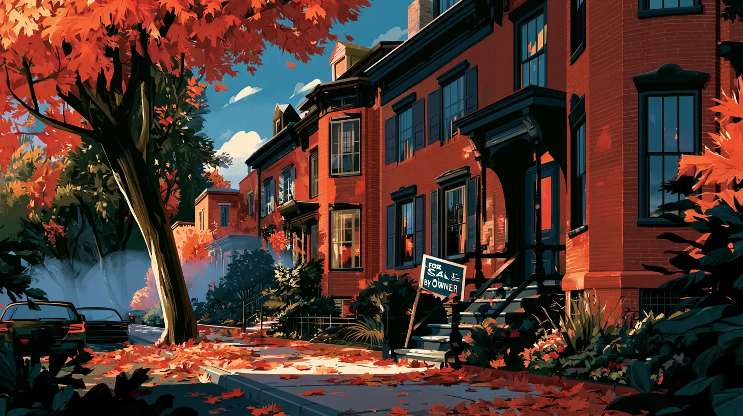 An illustration of historic brick townhomes in autumn with a "For Sale By Owner" sign on the front steps, highlighting where the off-market deal flow really is in secondary real estate markets in 2026.