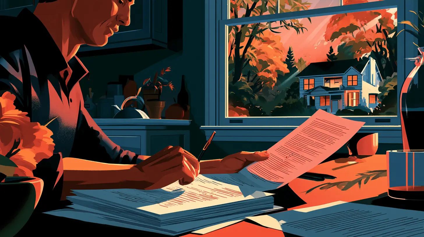 homeowner carefully reviewing legal contract paperwork at a desk with a suburban home visible through the window, analyzing sale-leaseback risks and how Sell2Rent provides a transparent alternative in 2026.