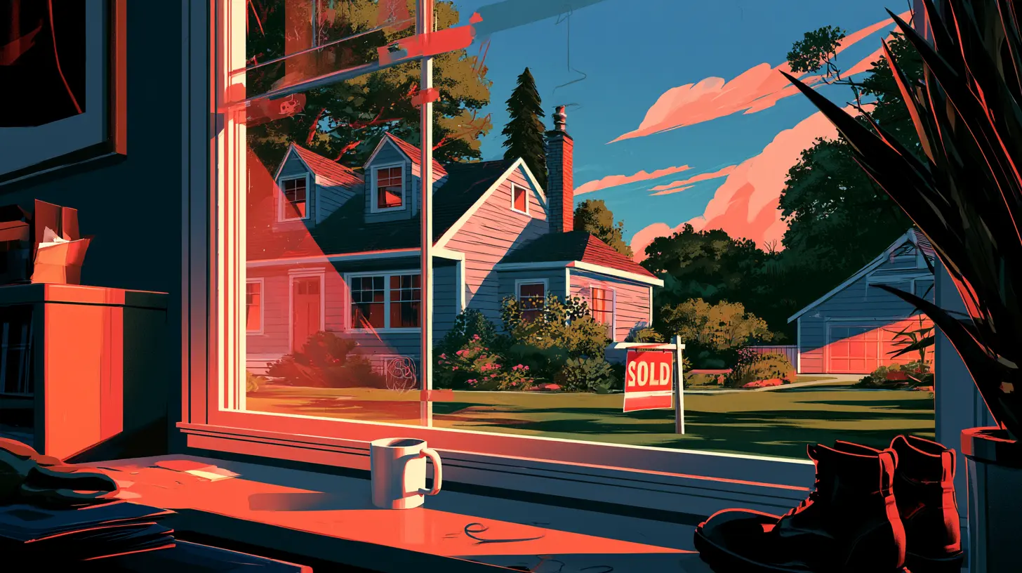 An illustration viewing a suburban house with a "SOLD" sign on the front lawn through a cozy window sill with a coffee mug, showing how home sale-leaseback programs give homeowners fast cash without moving out in 2026.