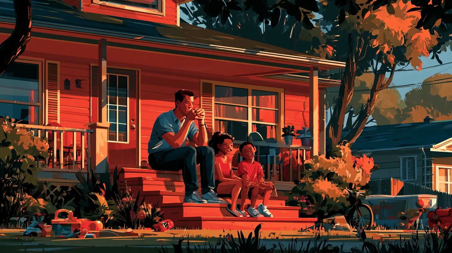 A family sitting outside a single-family residential home, representing marital asset division laws, divorce home equity buyout strategies, and avoiding forced real estate court sales.