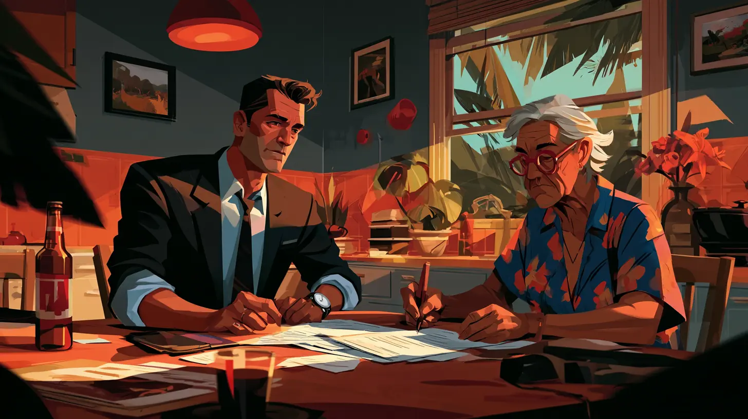 a real estate investor sitting at a kitchen table while a senior homeowner signs property paperwork, detailing 7 key seller triggers behind off-market deals in 2026.