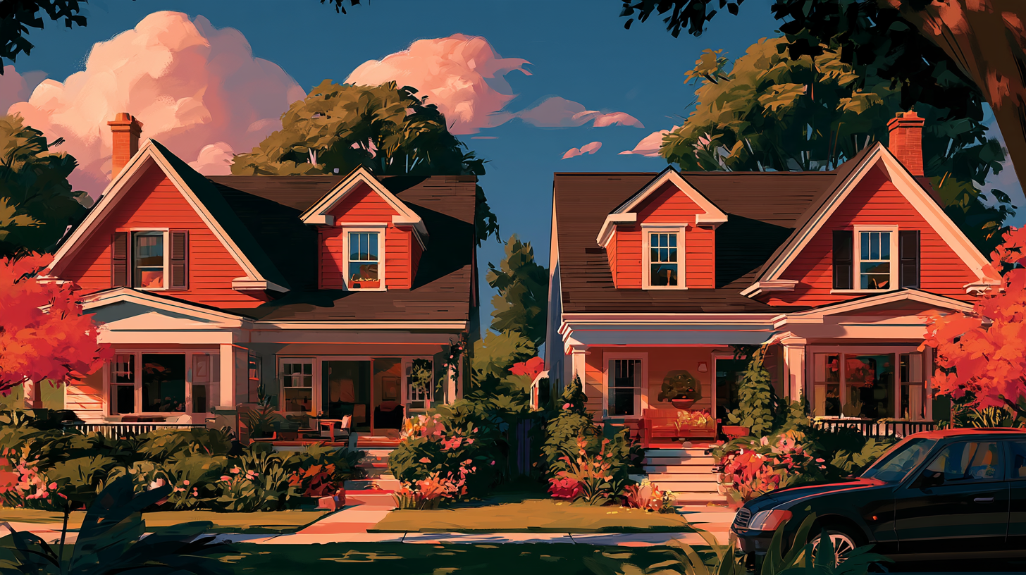 ingle-family neighborhood houses along a residential street, representing municipal property tax increases, tax assessment lags, millage rate adjustments, and declining home values.