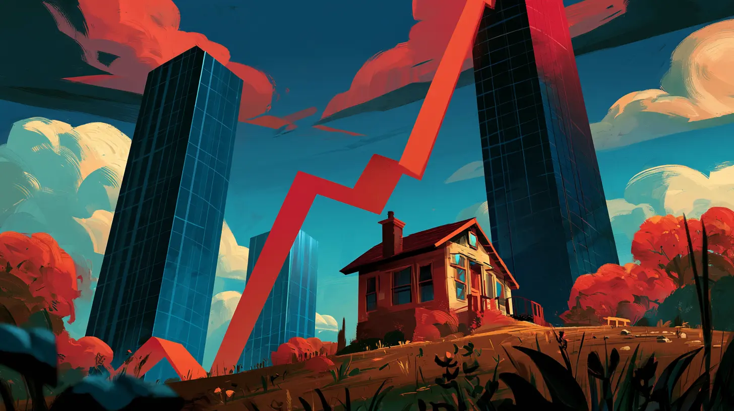 Residential house positioned next to high-rise commercial buildings with a rising market trend line, representing cap rate spread analysis, positive yield arbitrage, debt service coverage ratios (DSCR), and pre-Fed rate cut acquisition strategies.