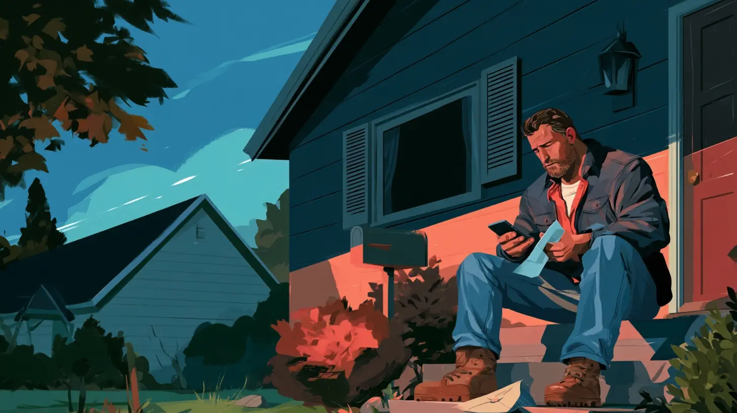 Homeowner calculating financial statements and monthly expenses on a porch outside his house, representing sale-leaseback fee structures, rental rate calculations, closing costs, and equity net payout calculations.