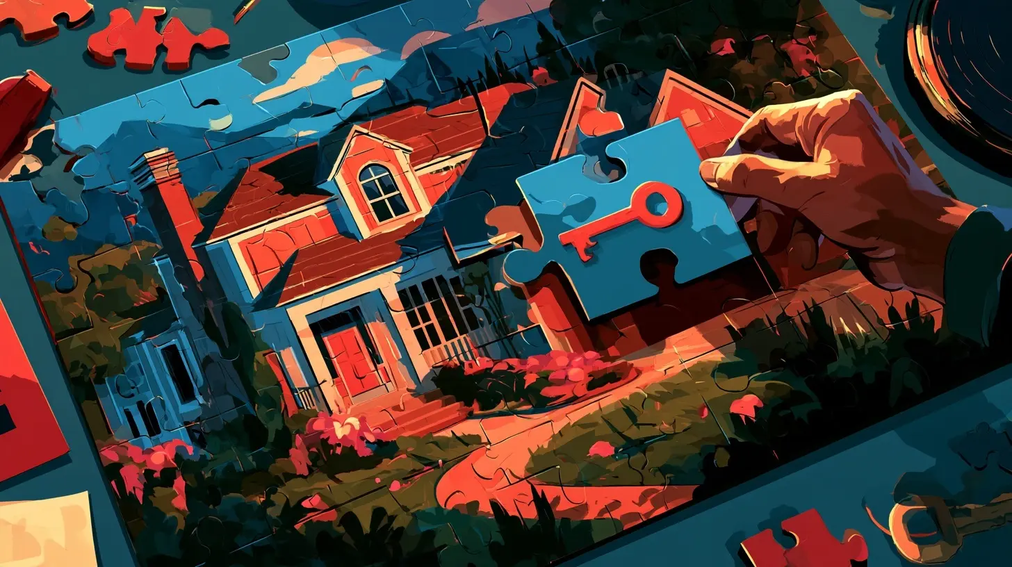 A puzzle piece featuring a house key being fitted into a single-family home illustration, representing home equity unlock strategies, credit score impact of sale-leasebacks, and debt relief solutions.