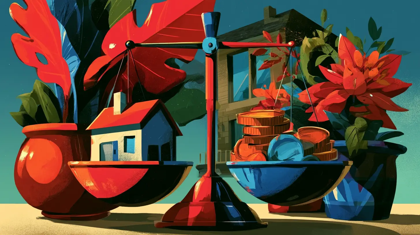 An illustration of a balance scale weighing a model home on one side against a stack of coins on the other, detailing home sale-leaseback financial tradeoffs and what sellers gain versus give up in 2026