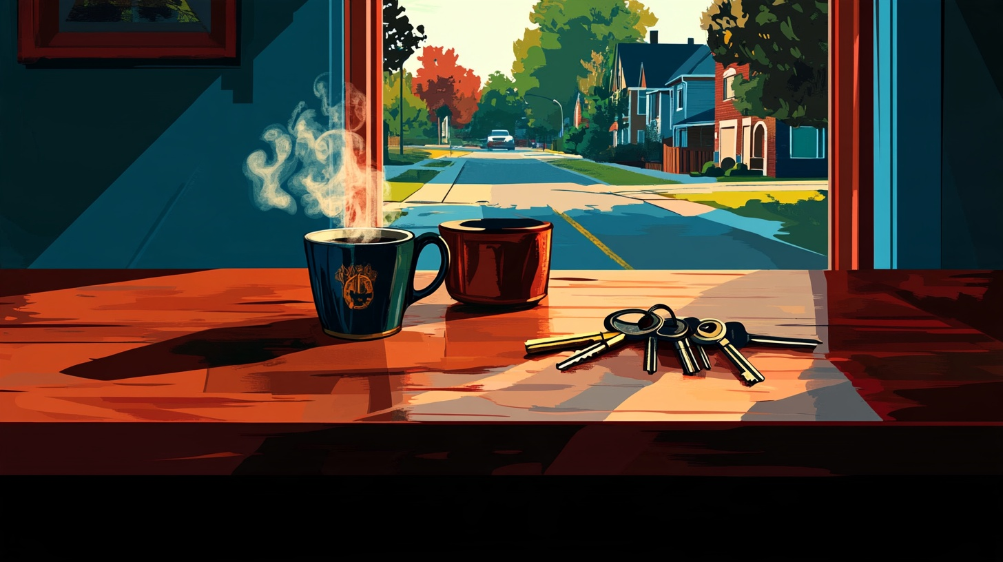 Illustration of house keys and two mugs on a table facing a quiet street