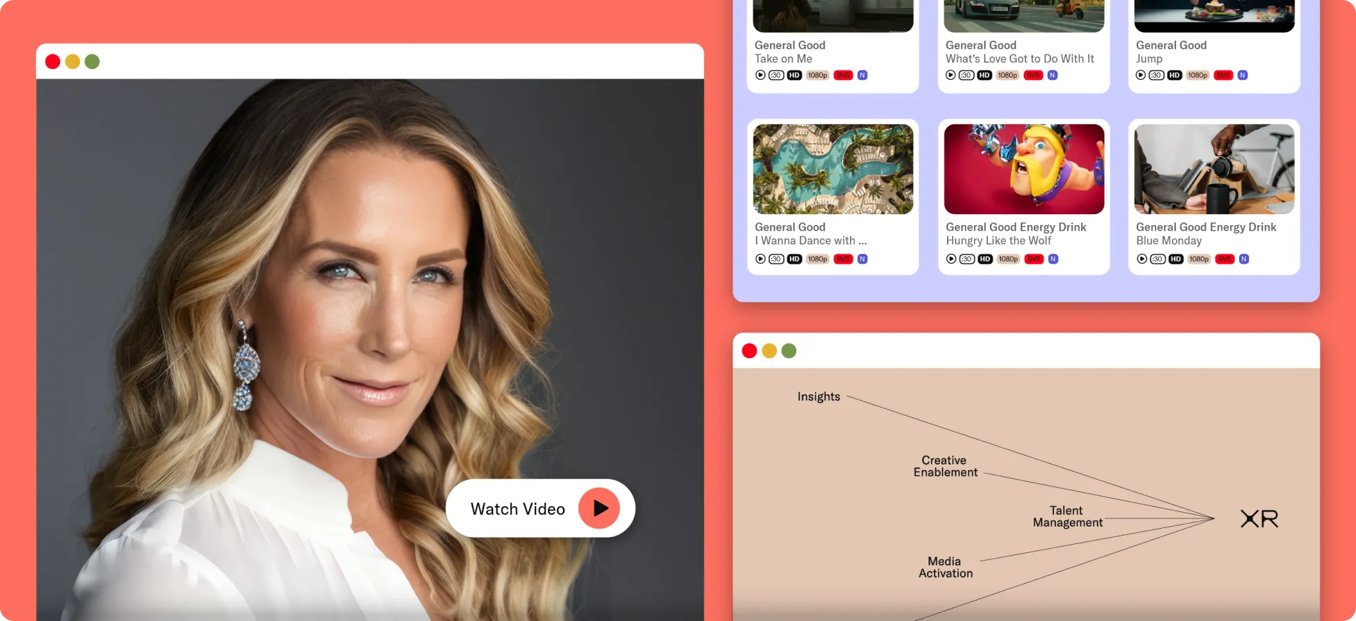 Dashboard includes woman overlaid with ‘Watch Video’ button; commercial thumbnails grid; XR workflow diagram