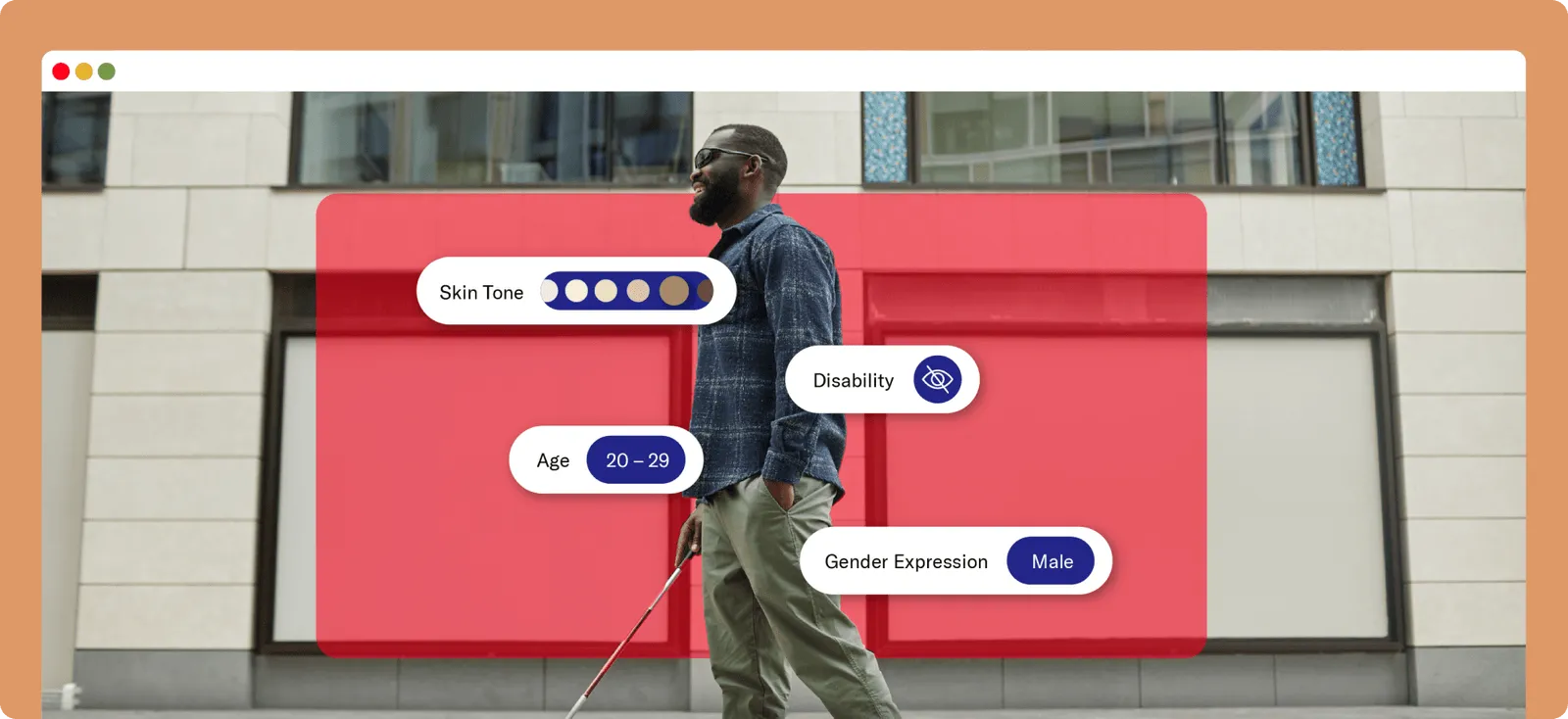 Man with dark skin, sunglasses, walking with cane. Overlaid labels: Skin Tone, Disability, Age 20-29, Gender Expression Male.