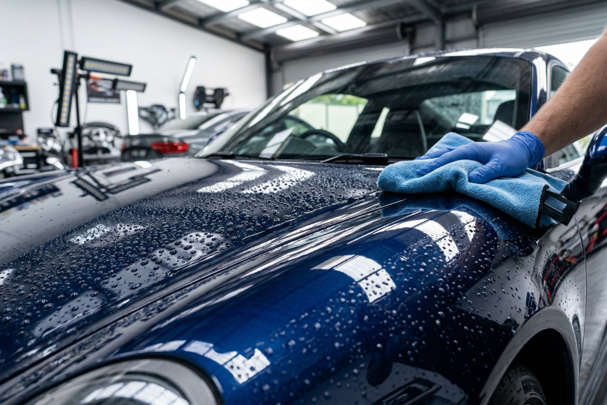 Close-up of a perfectly polished dark blue car hood with round water beads and a gloved hand wiping a section.