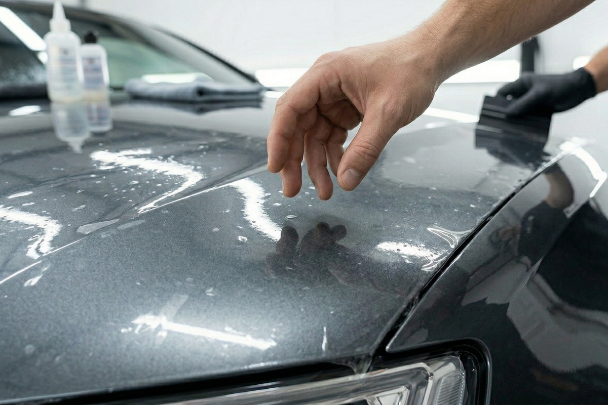 A macro detail shot of a car's clear protective film as it absorbs and deforms around tiny gravel particles.