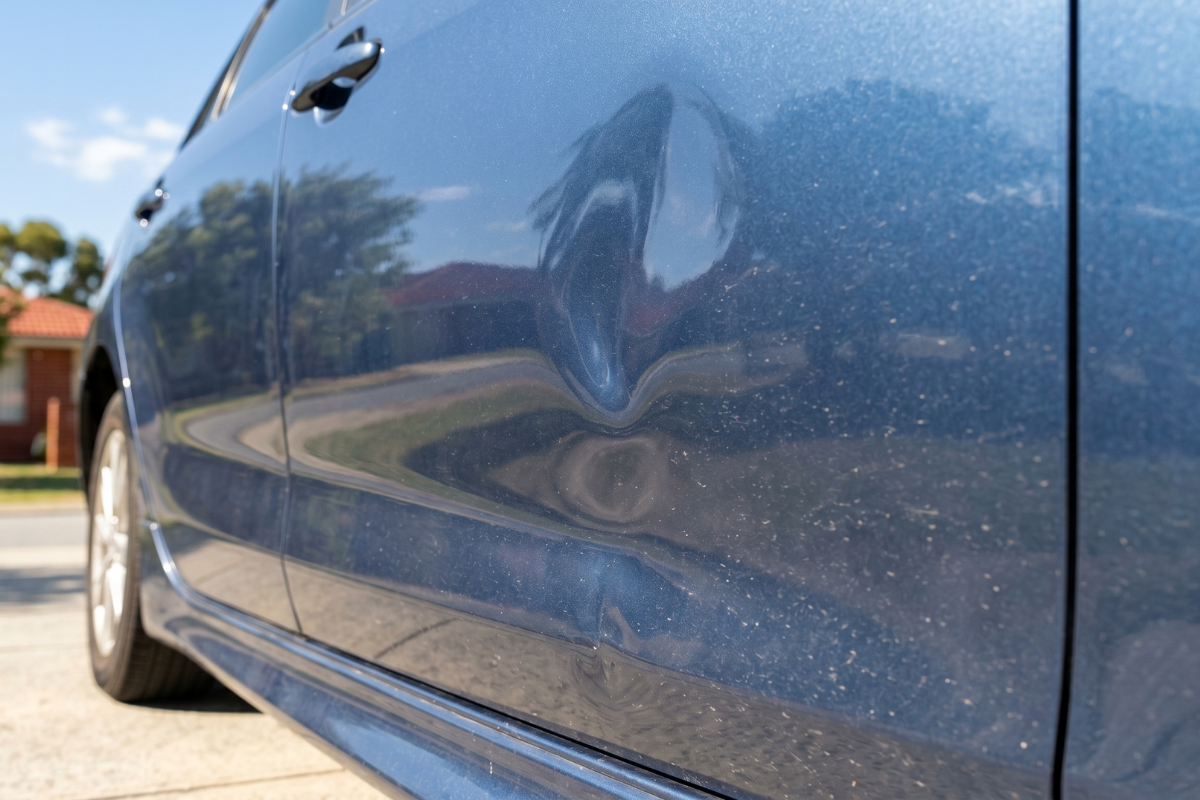 Car park dent viewed at angle in natural light showing intact paint surface suitable for PDR repair Perth