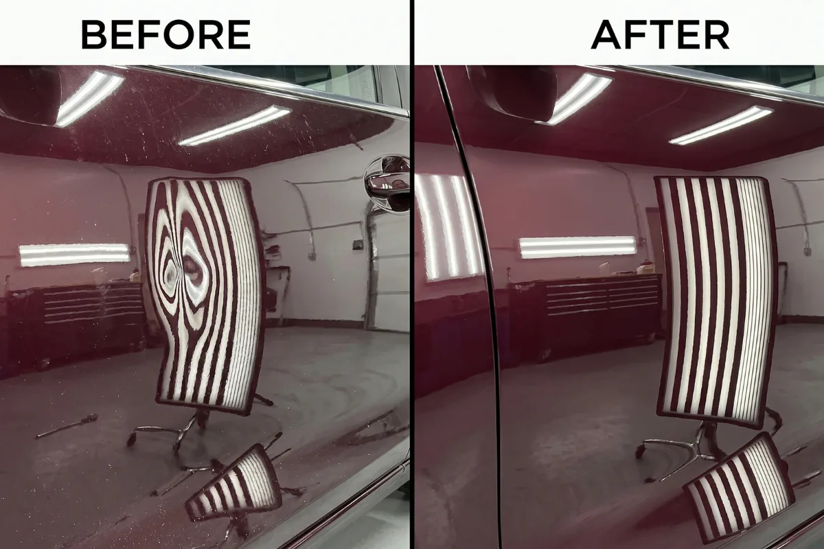 Before and after of a door dent seen through a striped PDR reflector board