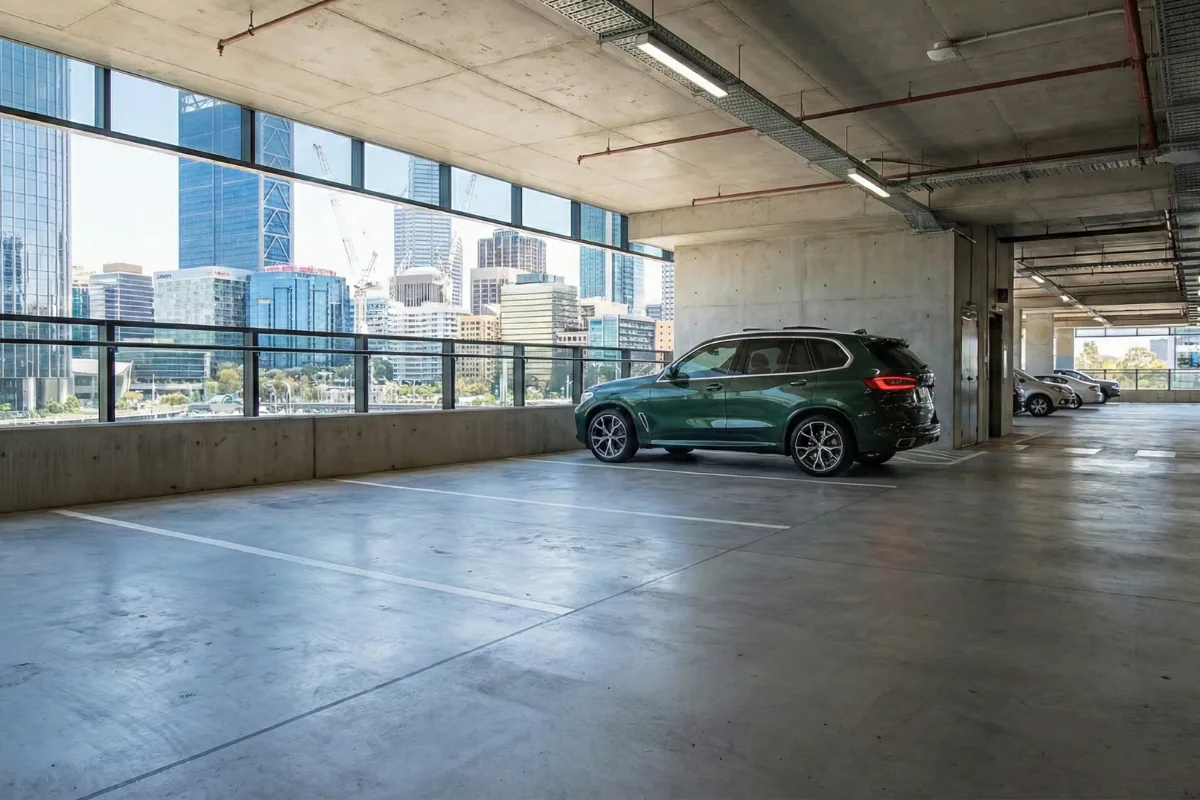 Dark green SUV parked in an undercover car park with city views