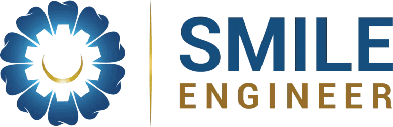 Blue flower-like logo with text Smile Engineer in blue and gold