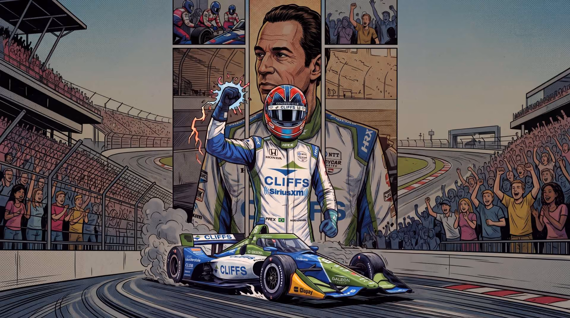 Helio Castroneves and his car at racing day.