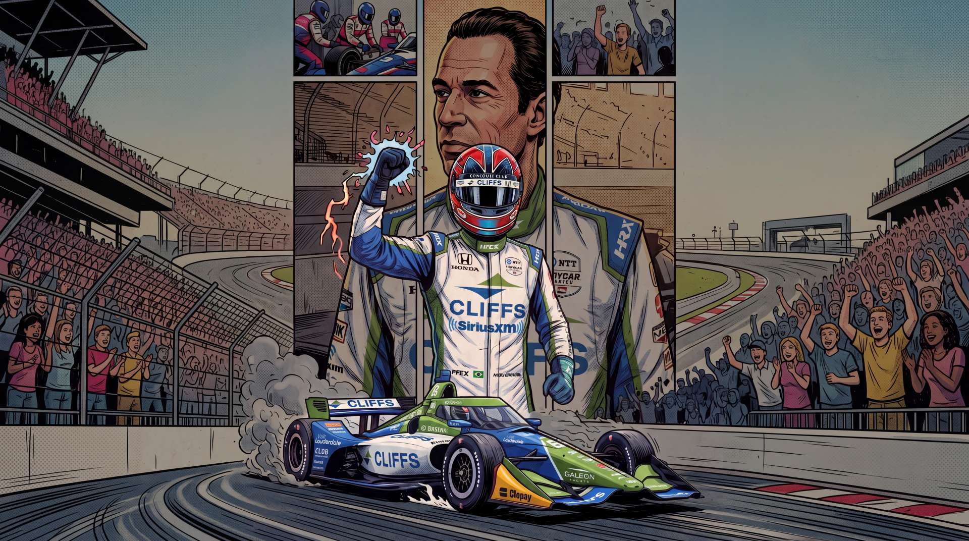 Helio Castroneves and his car at racing day.