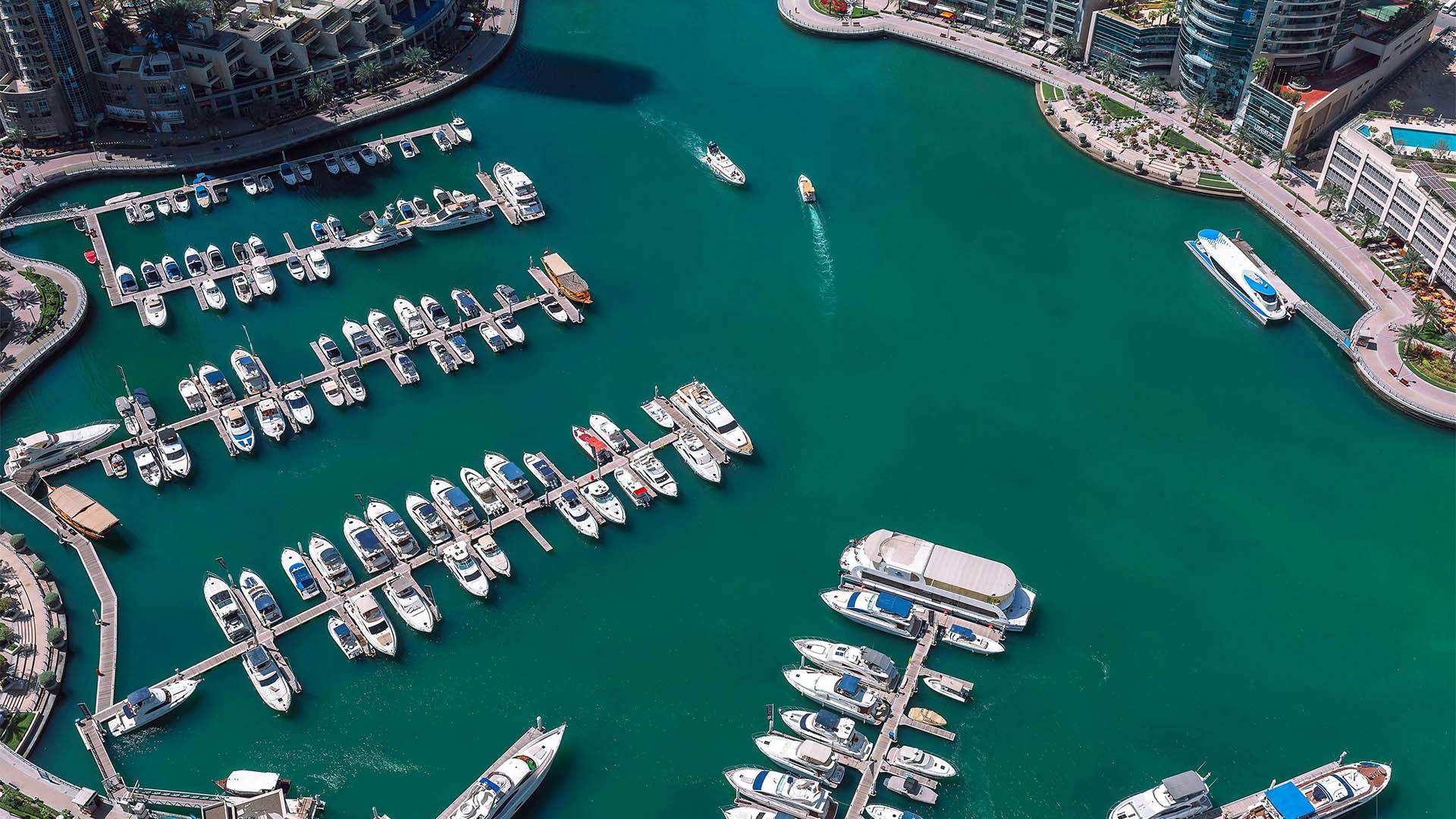 Aerial view of Dubai Marina with yachts