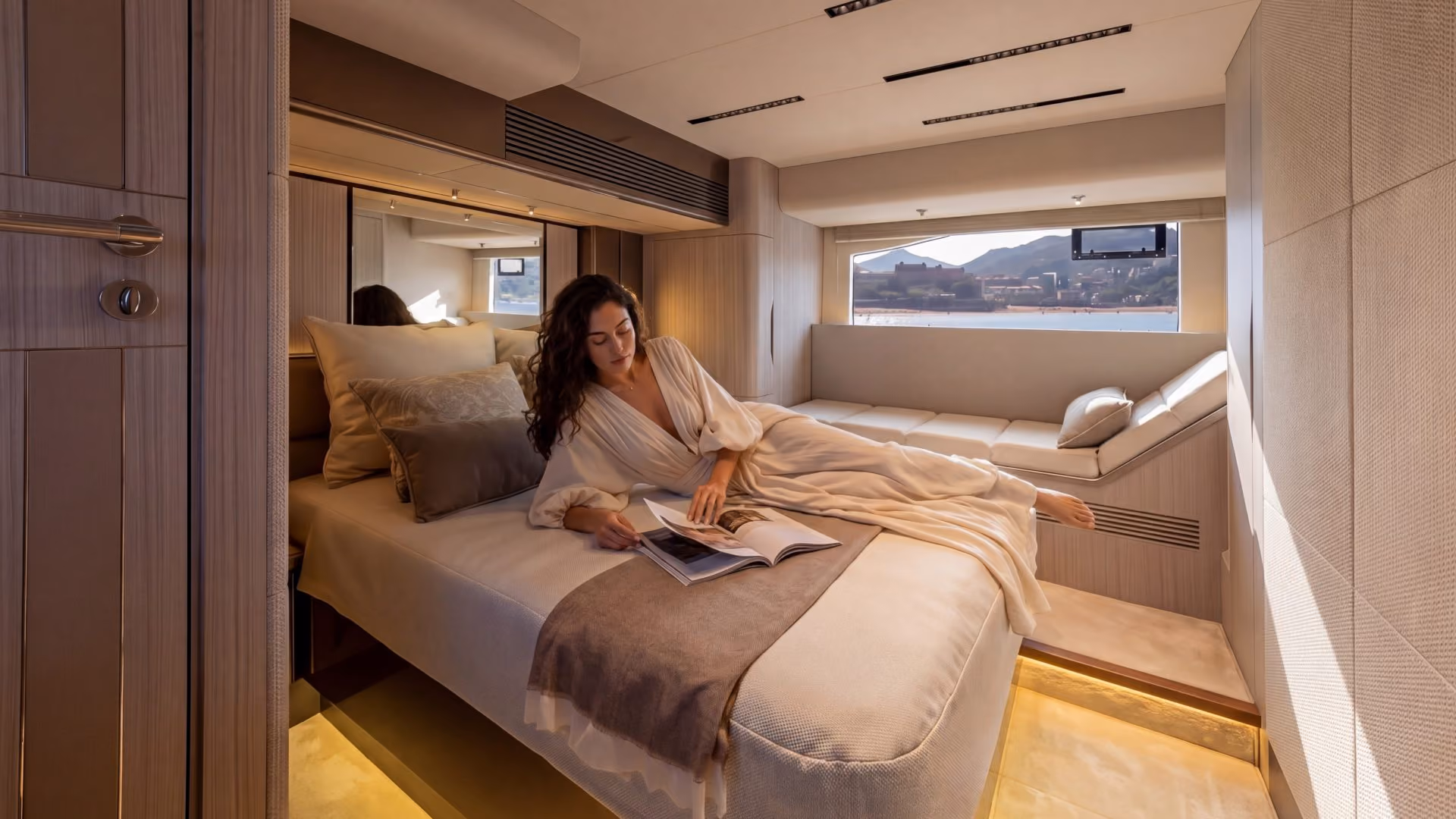 Woman laying ona a bed on a Galeon 520 FLY yacht.