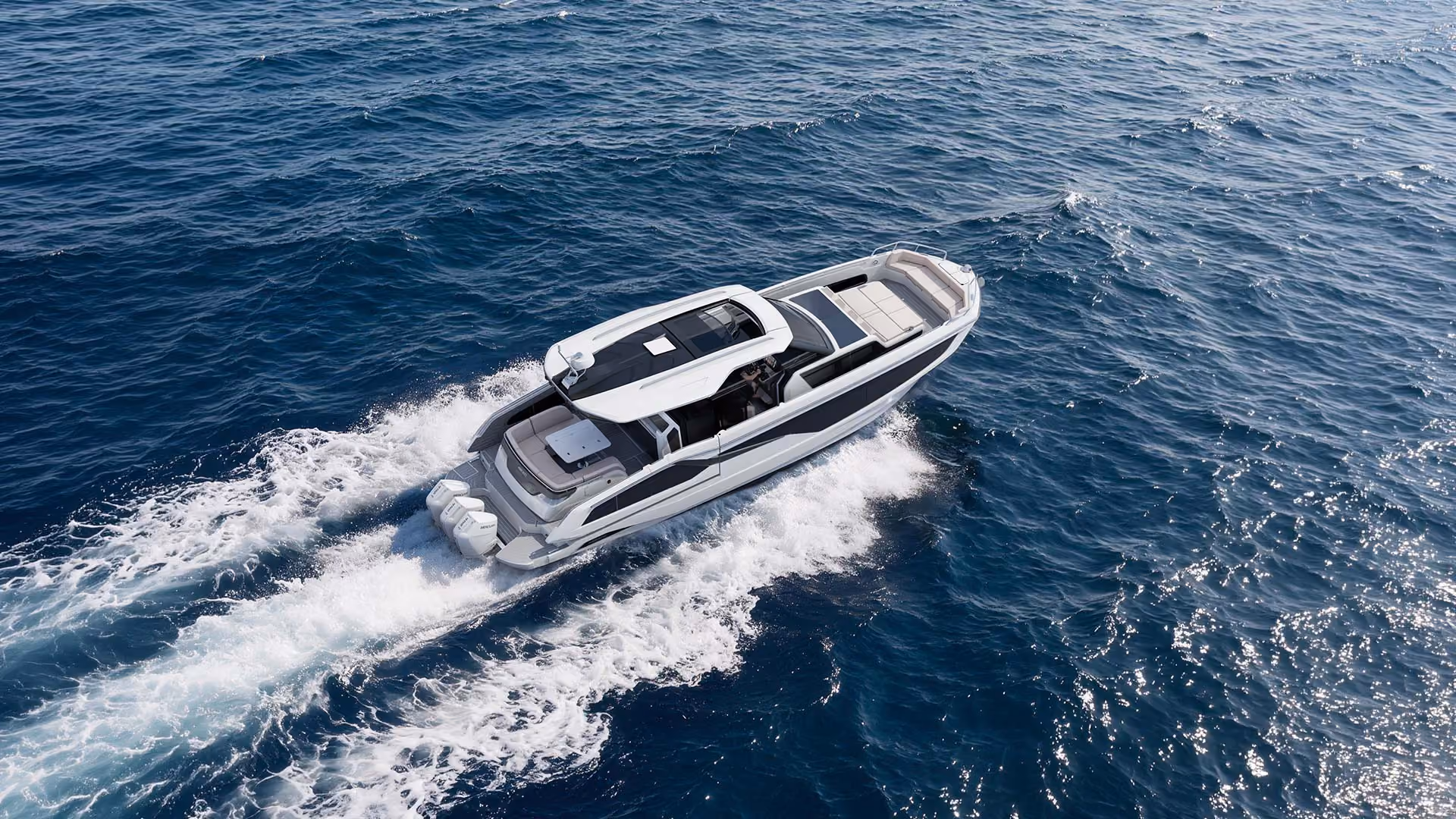 Aerial view of Galeon 435 GTC on calm water.