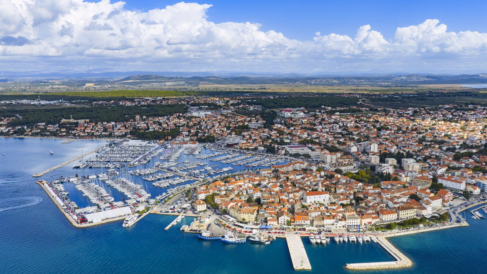 Aerial view of Biograd marina on the Adriatic coast, venue of the Biograd Boat Show.