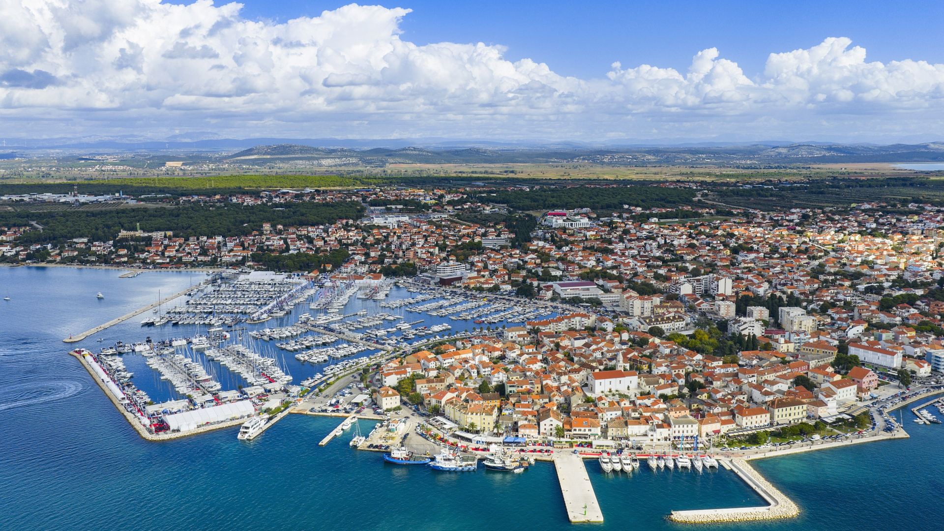 Aerial view of Biograd marina on the Adriatic coast, venue of the Biograd Boat Show.