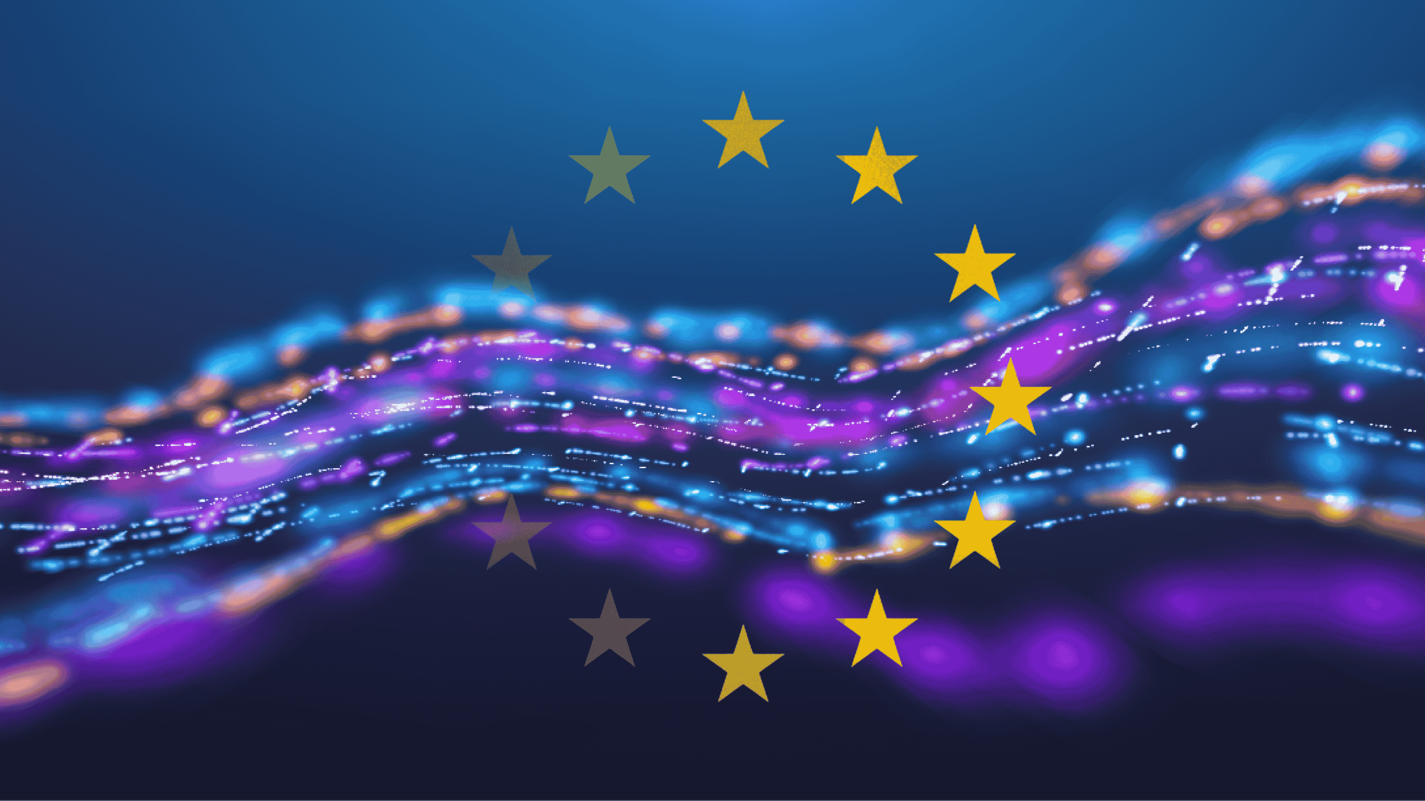 Digital illustration of the European Union's circle of yellow stars overlaid on top of vibrant, flowing streams of blue, purple, and orange light particles representing dynamic AI data flows.