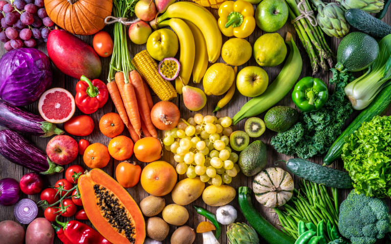 A full color spectrum of fruits and vegetables.