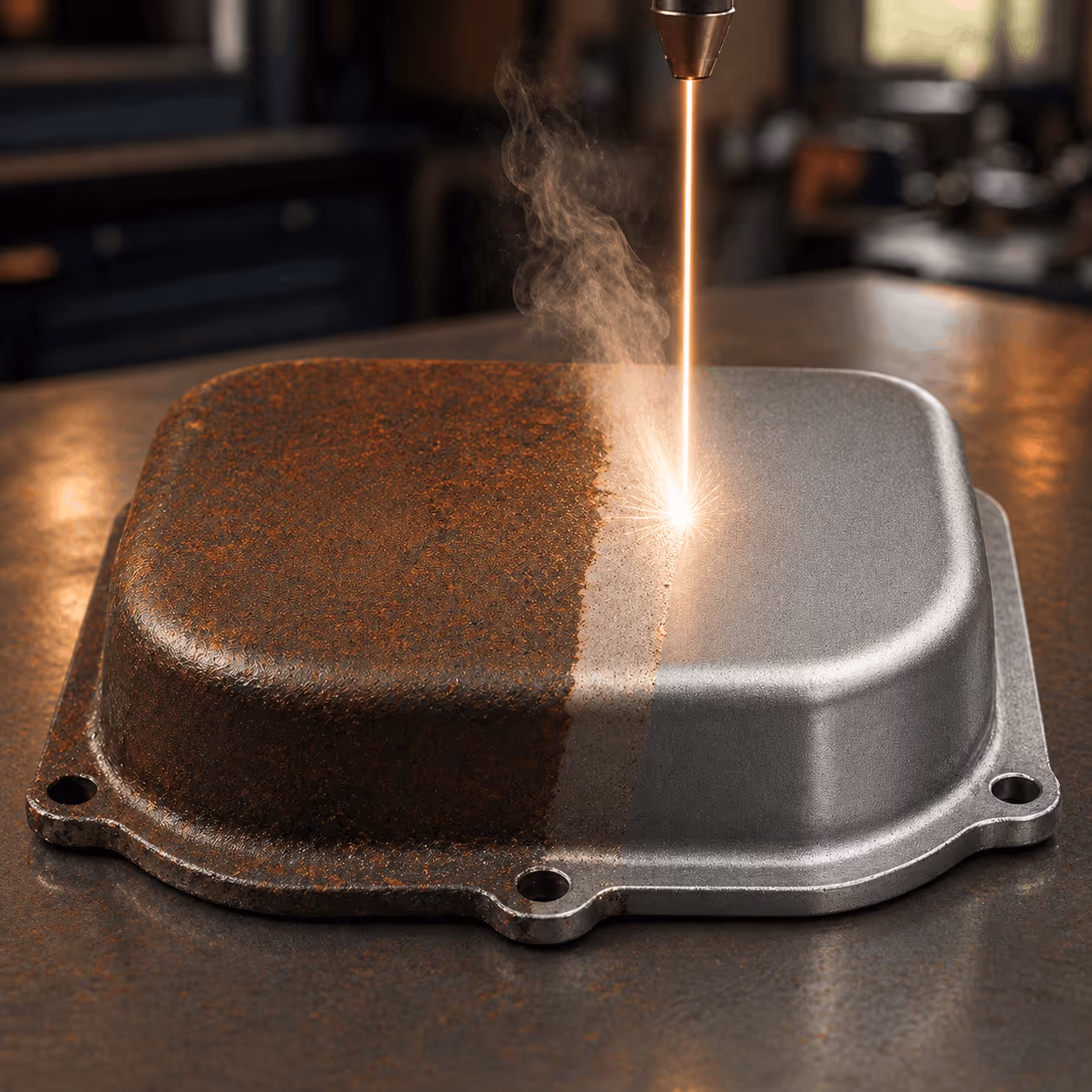 Verrostetes Metallstück wir mit einem Laser von Rost befreit.