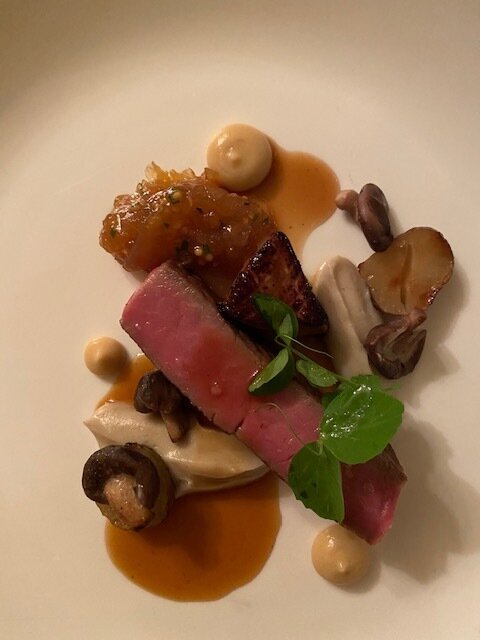 Beef striploin and foie gras.