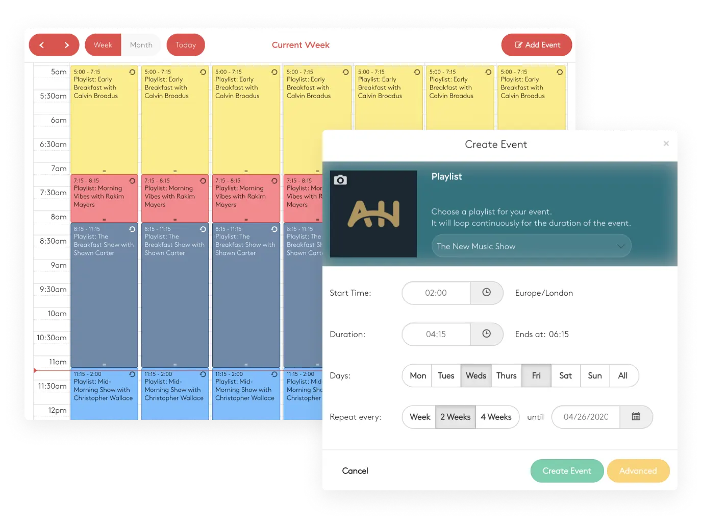 The Radio.co scheduler and adding events.