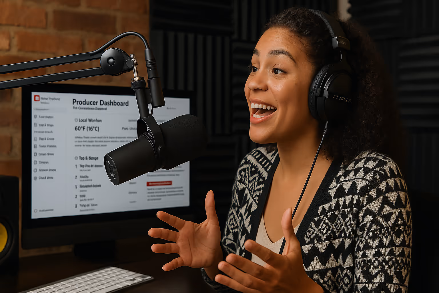 Smiling woman wearing headphones speaking into a microphone in a recording studio with a computer screen showing a producer dashboard in the background.