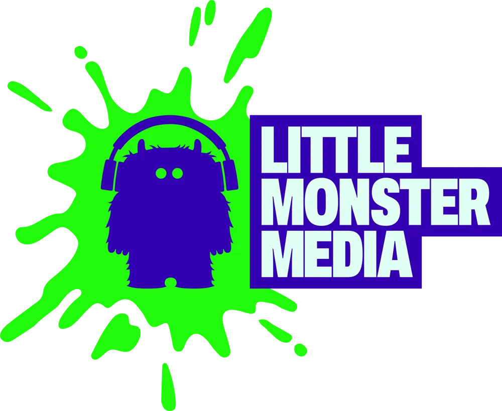 Purple cartoon monster wearing headphones inside a green paint splatter with the text 'LITTLE MONSTER MEDIA' in bold light blue letters on purple background.